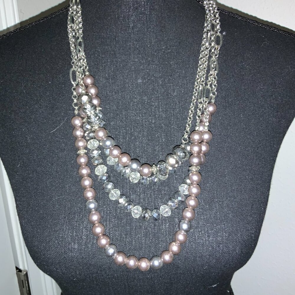 Julies B Multi Strands Gray AB Iridescent Beaded Silver Necklace - Picture 7 of 8
